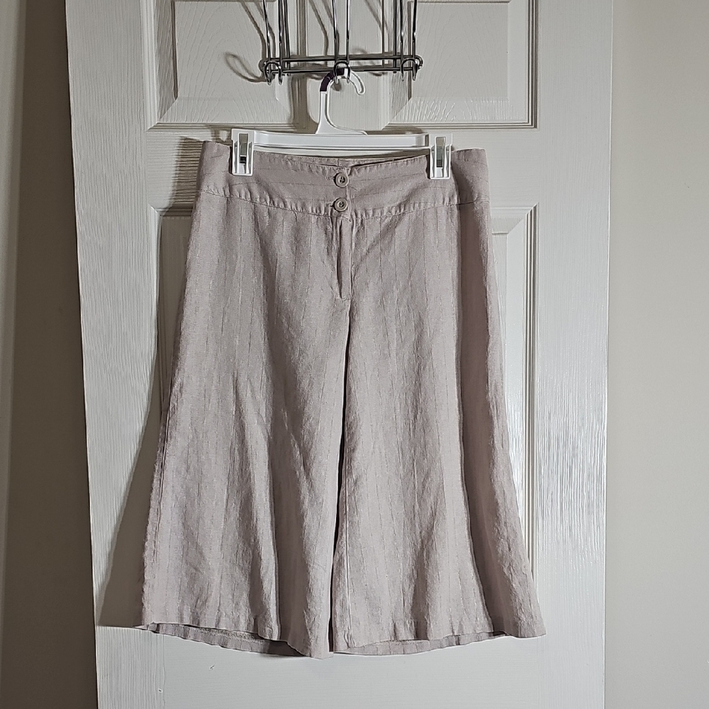 Take That Cream And Gold Wide Leg Linen Blend Culottes Loose Fit Capri Pants 7